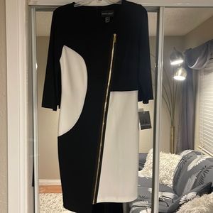 NWT Frank Lyman black and white dress with gold zipper in front.